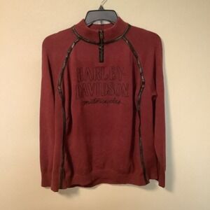 Harley Davidson Mens 2XL Burgundy Wool Blend 1/4 Zip Sweater‎ Faux Leather Trim